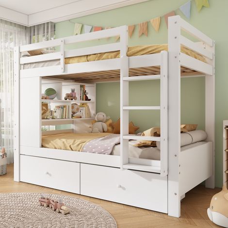 Etagenbett 90x200 cm blanco con 2 cajones, estante abierto y escalera (1/5)