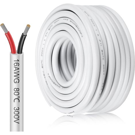 Câble électrique à 2 fils 16 AWG - 2 x 1,5 mm² - 20 m - 5 V/12 V/24 V - Câble de terre en cuivre étamé blanc - 300 V - Flexible et doux - Résistant aux températures élevées - Rallonge 20 m (1/5)