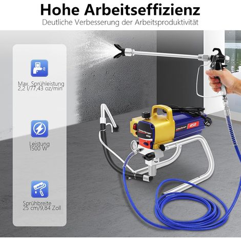 Airless Farbsprühsystem mit Manometer 1.5KW 2.2L/min Airless Sprühpistole für Innen- & Außenbereich Wandfarben Tragbares Farbsprühgerät aus Rostfreier Stahl 20Mpa (1/5)