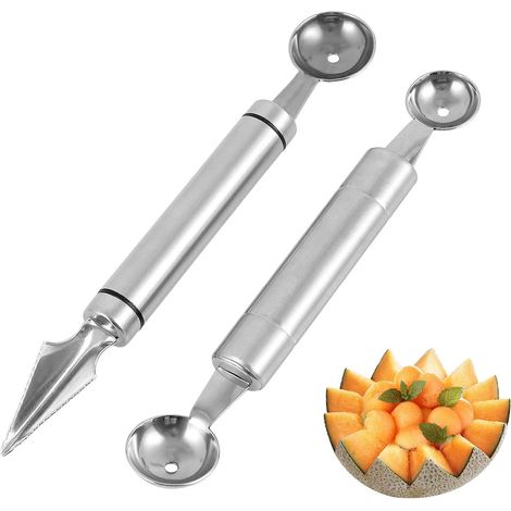 Melon Baller - Stainless Steel Dual Function Fruit Scoop with Carving Blade - Kitchen Tool for Melon Watermelon Cantaloupe Dessert Decoration - 2 Sizes - 1 Piece (1/5)