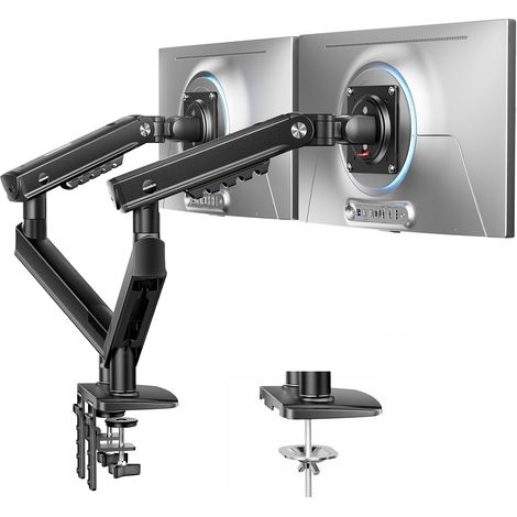 Support Double écran PC, pour 2 écrans 13-32" (Max. 9 kg), FlowLift Pro Bras écran, MechaSpring(Inclinaison/Pivotement/Rotation), Montage VESA sans Outil, Montage par Pince en C ou par œillet (1/5)