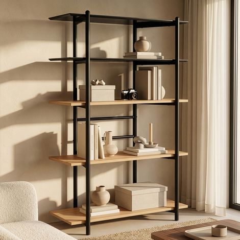 Bibliothèque Kappespoo avec 5 étagères 124 x 80 x 35 cm noir / effet chêne [en.casa] (1/5)