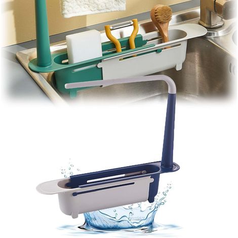 Porte Eponge Evier Cuisine 32-45cm Évolutif Support Eponge Evier Cuisine Réglable Organisateur Evier Creuse Inférieure Range Eponge Evier Porte Éponge pour Placer Chiffons, Éponges (Bleu) (1/5)