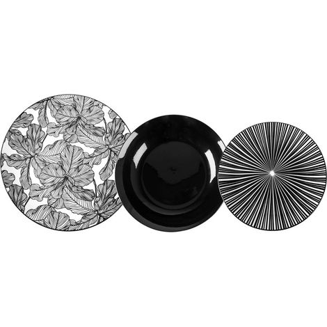 TRADE SHOP - Set Servizio Di Piatti Da Tavola In Porcellana Da 18pz Decori Bianco Nero Moderno Elegante -