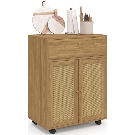 Küchenbeistelltisch HANAE mit Schublade in Holzoptik und Schrank mit Korbgeflecht, B 60 cm (1/5)