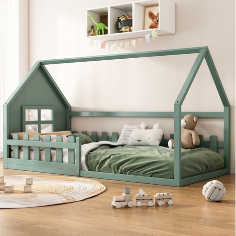 Bett Kinderbett Hausbett 90x200 Kiefer Gruen HAVRYA (1/5)