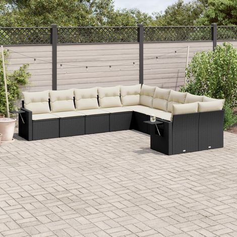 Ensemble Salon Jardin 10 Places Noir Résine Tressée avec Coussins Crème - Meuble Extérieur Modulaire (1/5)