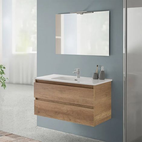 Mobile bagno sospeso 100 rovere naturale completo con 2 cassetti Nadia (1/5)