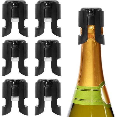 Set di 6 tappi per champagne, tappi per bottiglie di vino in acciaio inox, tappi riutilizzabili, adatti per sigillare vini spumanti e champagne (neri) (1/5)