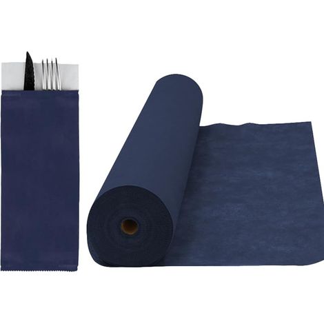 KIT: 1 rotolo runner in tessuto non tessuto da 40cm x 24 metri + 100 buste portaposate 11x25cm con tovagliolo - SET Blu (1/5)