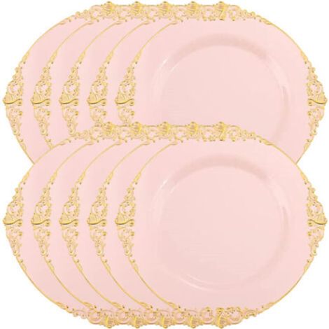 10 assiettes/plats ronds en plastique rose pour salade/jetables, de 20 cm (8 pouces) de diamètre, avec des bords dorés en relief de style baroque, parfaits pour les décorations de fêtes et d'événement (1/5)