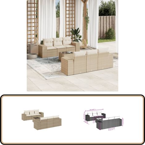 7-tlg. Garten-Sofagarnitur mit Kissen Beige Poly Rattan - Gartenmöbel Set - PE-Rattan Möbel - Outdoor Lounge - Esstisch - Sofasitzgruppe