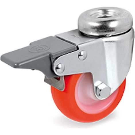 Roulette à oeil pivotante à frein diamètre 50 mm roue polyuréthane rouge - 55 Kg (1/2)
