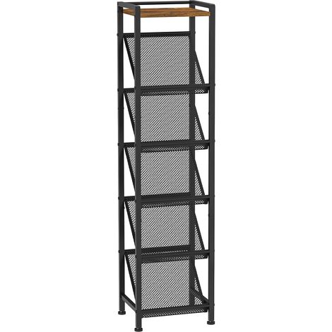 Étagère à Chaussures Étroite, Design Élancé, 5 Grilles Inclinées et Fines, Meuble de Rangement pour Entrée, Porte-Chaussures, pour Couloir, Chambre, Salon, Marron Rustique et Noir (1/5)