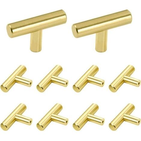 10-Piece T-Bar Handle Set, Brushed Stainless Steel Cabinet Door Pull Handle for Kitchen Cabinets, 50mm Hole Centers, Gold (1/5)