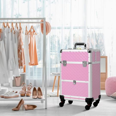 Trousse Maquillage Professionnelle Valise Tiroir Roues Voyages Rose 34x25x62cm