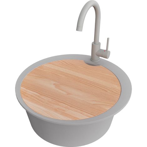 PRIMAGRAN Evier cuisine Granit Rond 53x53cm,Evier 1 bac + Robinet 32x20cm + Kit de Vidage + Planche à Découper, Lavabo Cuisine au meuble 50cm - Pise Max, Gris (1/5)