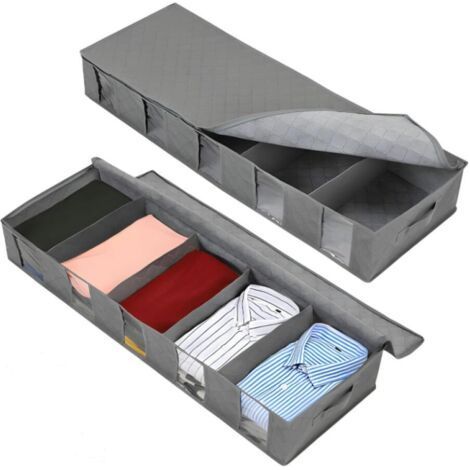 Lot de 2 boîtes de rangement pliables sous le lit avec séparateurs amovibles, résistant à la poussière, à l'humidité, pour couettes, couvertures, vêtements, organisateur de penderie (1/5)