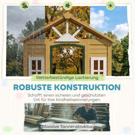 Cabane en bois pour enfants avec porte, 3 fenêtres, 2 bacs à fleurs, pour 3-8 ans, 134,5 x 97 x 150 cm, marron