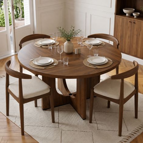 Table de salle à manger ronde, 120 x 120 cm, pour 4 à 6 personnes, design classique, style minimaliste scandinave, couleur noyer (chaises non incluses) (1/4)