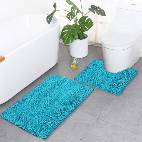 Set of 2 chenille bath mats, soft, non-slip, rectangular, absorbent, durable long pile for bathtub, shower, bathroom, toilet (blue, set of 2) (1/5)
