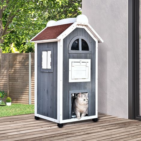 Niche extérieure pour chat, niche à deux étages en bois de sapin, résistante aux intempéries avec toit en asphalte, grise, 59 x 55 x 109 cm (1/5)