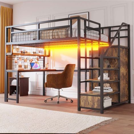 Lit Mezzanine 140x200 cm Métal Noir avec Bureau, Armoire et LED - lit 2 places - Échelle Rangement, Prises, Grille, Idéal Ados (1/5)