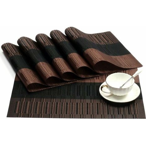 6Pcs Sets de Table Anti-Glissant en PVC Napperon Lavables(45x30cm) Napperons pour Cuisine, Salon, Jardin ou Salle à Manger (Noir-Brun) (1/5)