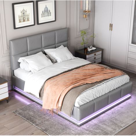 Letto con contenitore imbottito in ecopelle grigia 140x200 cm con LED, rete a doghe e alzata idraulica (1/5)