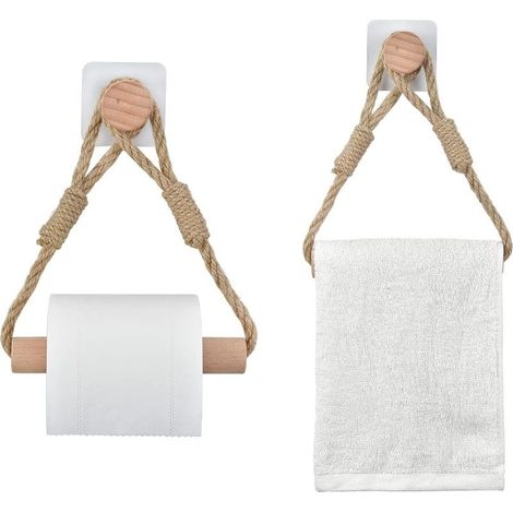Set of 2 drill-free toilet paper holders – Jute rope and solid wood – Adhesive bathroom holder – Vintage and industrial decor (1/5)