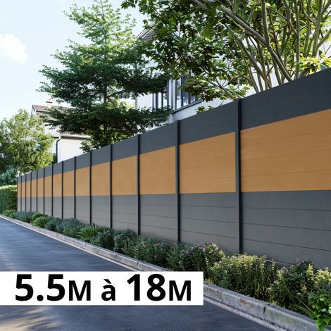 Kit Clôture Aluminium BAHIA & CRUZ Cèdre 5,55x1,8m - Bois Composite & Aluminium - Poteaux Gris - Brise Vue - Palissade