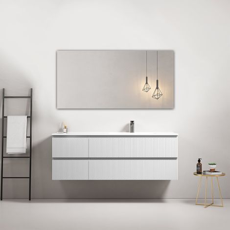 Mobile bagno sospeso cannettato 140 cm Bianco Lavabo a Destra in Resina Specchio Quadro - Fiji Paint (1/4)