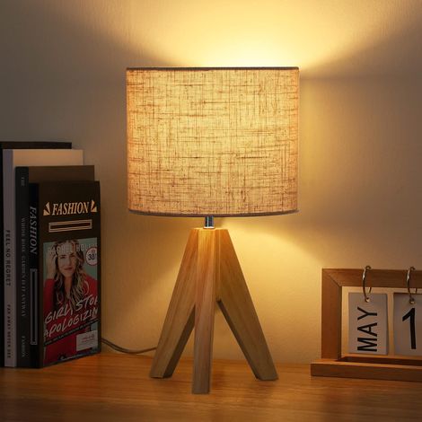 Lampada da comodino in legno con rivestimento in lino, attacco E27, base a treppiede vintage, ideale per camera da letto, soggiorno, hotel/caffetteria, regalo per bambini/adulti, 36 x 20 x 20 cm, lamp (1/5)