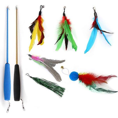 Set mit 8 Katzenangeln und Zubehörteilen, Glöckchen, Federn, Ersatzaufsätzen
