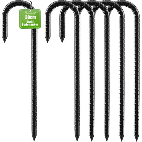 Piquets d'ancrage au sol 30 cm en acier galvanisé pour trampoline, piquets de tente stables, piquets de tente de camping pour tente, camping, clôture (J noir, 14) (1/5)