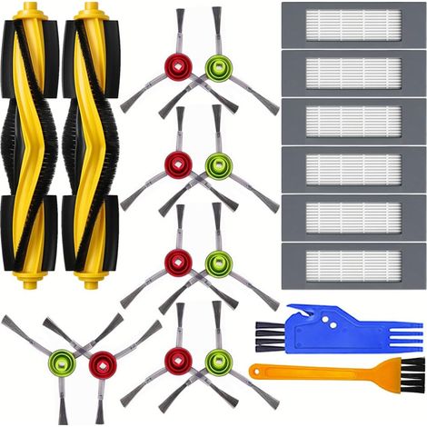 Repuestos para la aspiradora robot Ecovacs T8. Incluye 2 cepillos giratorios, 6 filtros, 10 cepillos laterales, 1 cuchilla azul y 1 cepillo amarillo pequeño. (1/5)