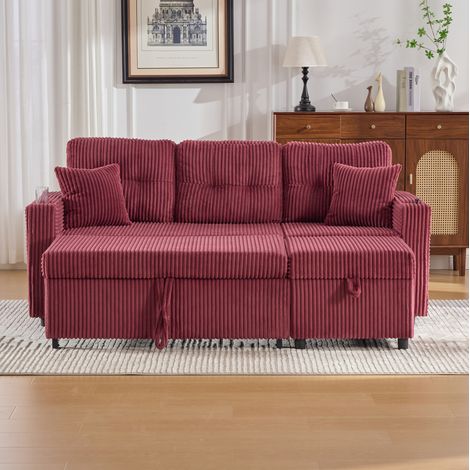Schlafsofa 196x82x85 cm weinrot aus Cord mit Stauraum, USB-C, LED und Getränkehaltern (1/5)