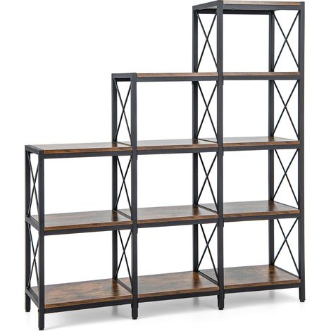 COSTWAY 5-Tier Bookshelf 9 Cubes Bookcase with Carbon Steel Frame-Brown (1/5)