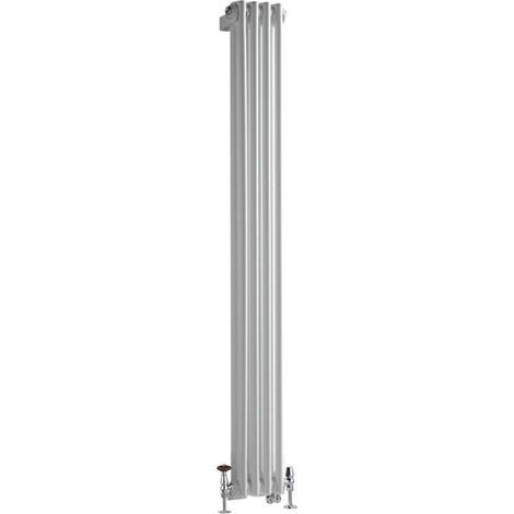 Milano Windsor White 1500mm x 200mm Cast Iron Style Vertical Double Column Dual Fuel Electric Radiator with Angled Thermostatic Valves - Satin Valves (1/5)