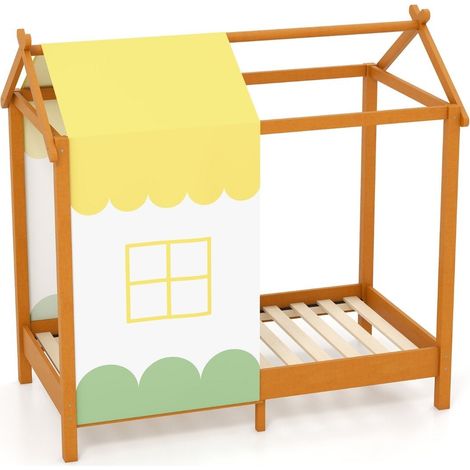 Lit cabane pour enfants avec toit et ciel de lit amovible et cadre de lit a 12 lattes en bois massif (1/5)