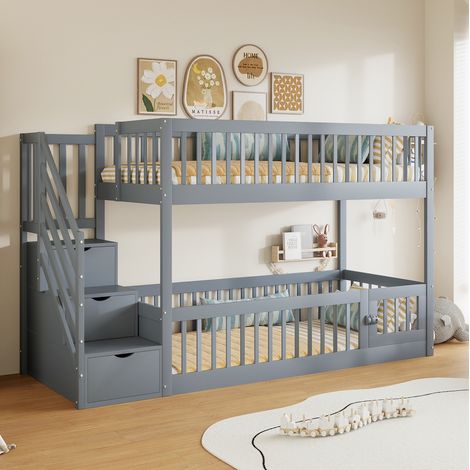 Letto a castello per bambini moderno 90x200 cm in legno massello grigio con scala contenitore, sponde di sicurezza e letto inferiore con porta (1/5)