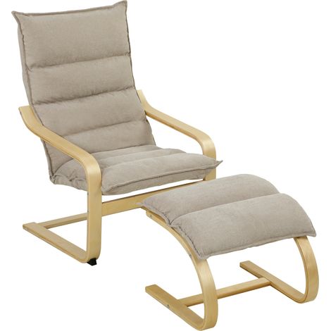 HOMCOM sillón con reposapiés, sillón lectura tapizado en lino con balanceo suave, respaldo alto, brazos y patas de madera, butaca para salón, beige (1/5)