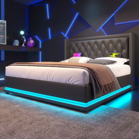 Lit Double Capitonné 180x200cm Lit Coffre Hydraulique avec Rangement, Éclairage LED, Tête de Lit Rembourrée Port USB - PU - Noir (1/5)