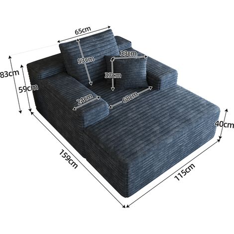 Canapé modulable en velours côtelé bleu 115x159 cm avec chaise longue, mousse haute résilience, sans montage (1/5)