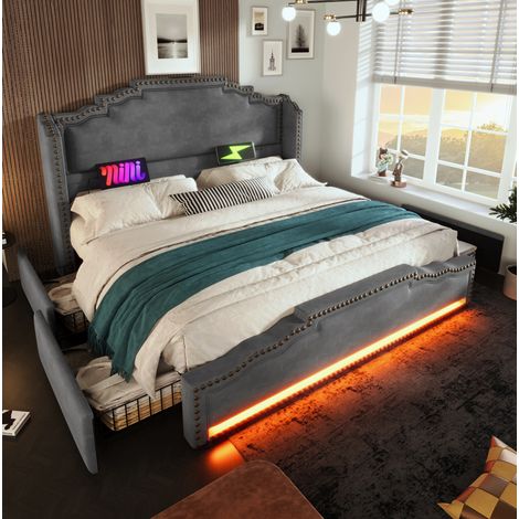 letto contenitore 180x200 con LED USB C velluto grigio OKMYHOME (1/5)