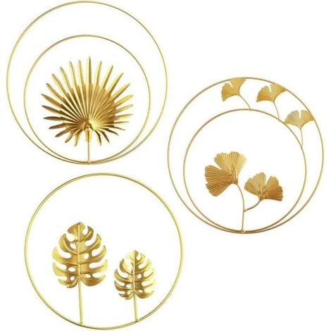 Rond Feuille de Ginkgo décoration Murale 3Pcs Sculptures Murales en Fer Métal FeuillesSculptures Murales Décoratives en Fer E (1/4)