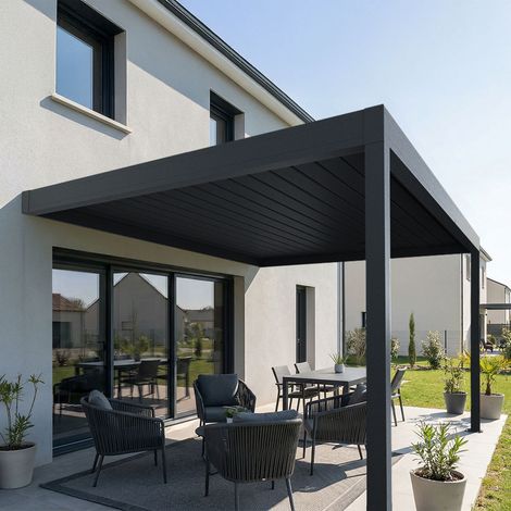 Pergola bioclimatique adossée LOLITE (Motorisation à télécommande + LED - Gris anthracite RAL 7016 - 4.00 x 4.613 m)