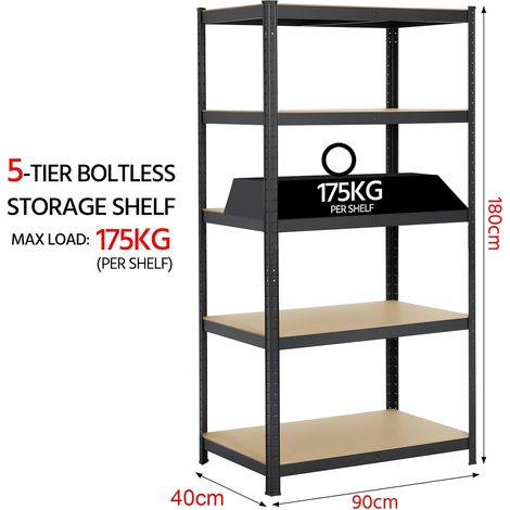 180cm Heavy Duty 5 Tier Boltless Shelving Unit Warehouse Garage Utility Home Storage Rack, Adjustable - Can be split to create 2 seperate Shelf Units Large, black (1/5)