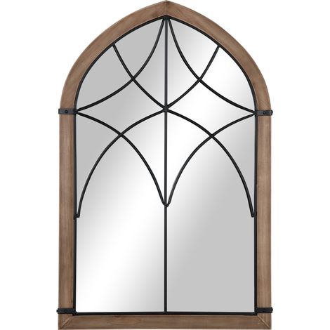 Espejo de pared decorativo de madera de 93x60 cm, espejo de ventana con 2 ganchos, estilo vintage, ideal para salón, dormitorio, comedor y recibidor, color marrón.