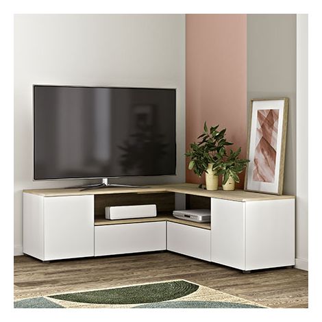 Meuble TV d'angle 130cm – blanc et chêne – pieds en hêtre massif – rangement avec 4 compartiments – ouverture pour câbles (1/10)